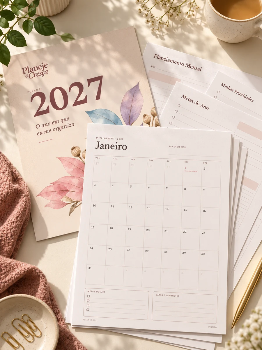 Simulação de um pequeno conjunto de páginas soltas do Planner 2027, ainda sem encadernação.